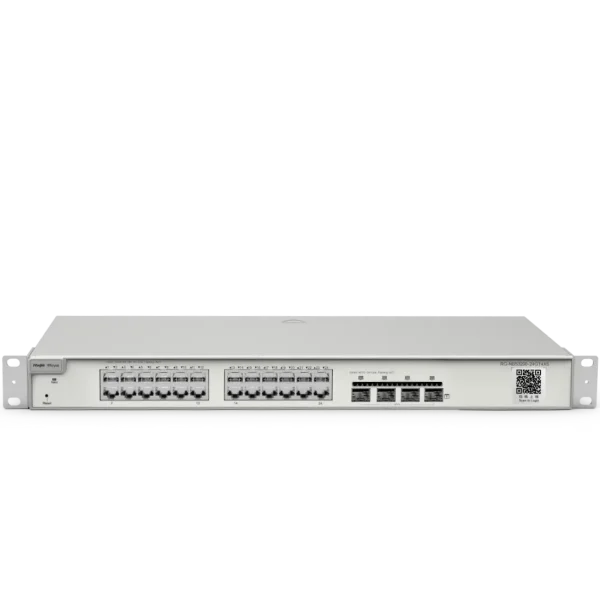 The front of a 24-port Gigabit switch with four 10 Gigabit uplink ports and a reset button at the bottom left