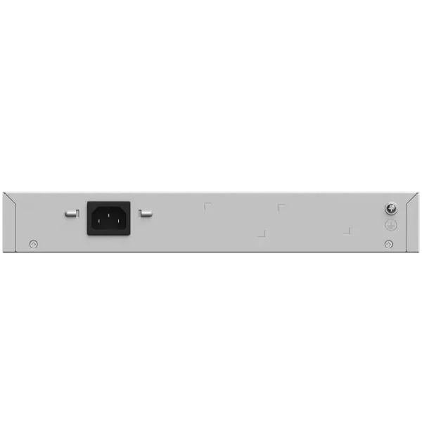 The back of Reyee's 10 Gigabit 8-port PoE switch showing a female connector for power and a screw terminal for grounding.