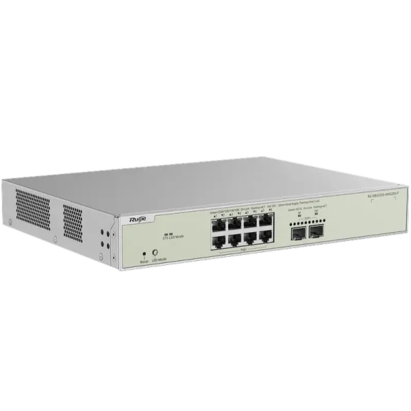 An 8-port PoE switch with 10 Gigabit SFP+ uplink ports made by Reyee