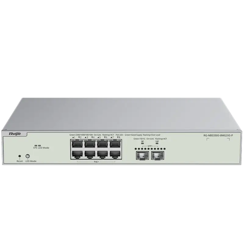 An 8-port PoE switch with two 10 Gigabit SFP+ ports and eight 2.5 Gigabit RJ45 ports. There's a reset button on the bottom left.