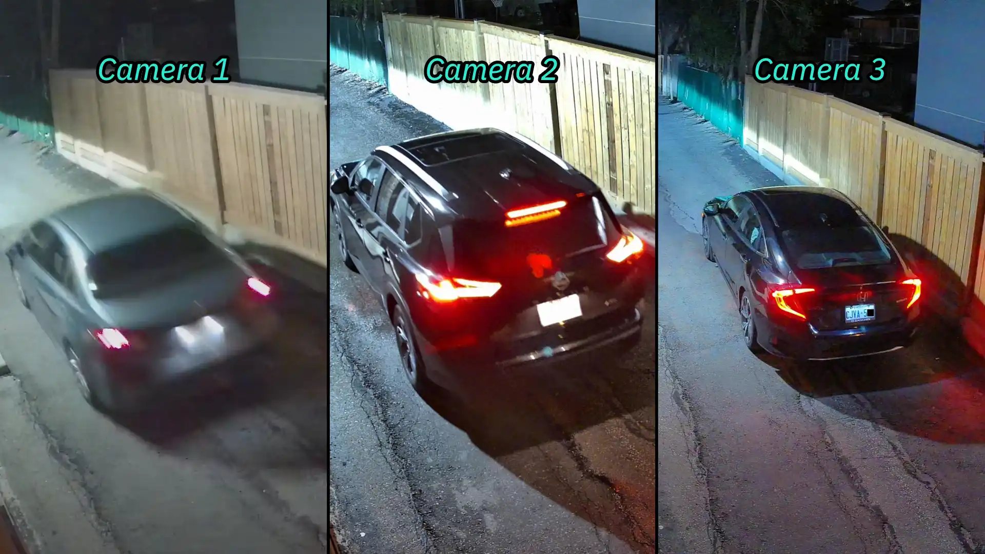 A snapshot taken from three different security cameras of a vehicle driving by at night. The snapshots are shown side-by-side to easily compare the image quality between them.