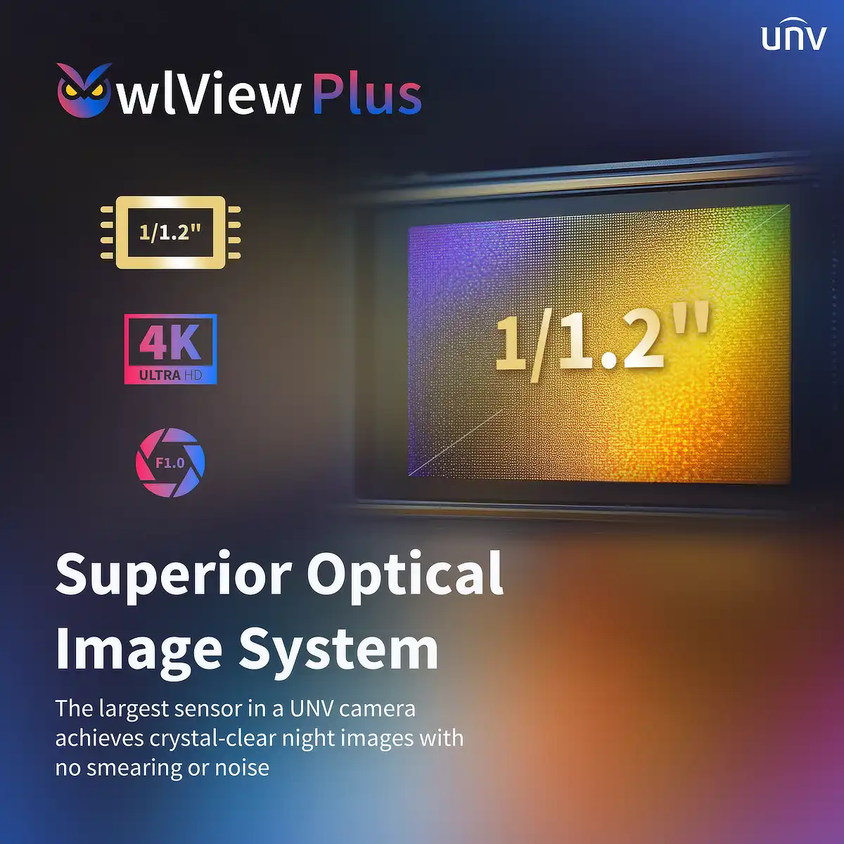 A poster from Uniview promoting the OwlView Plus cameras for their superior optical image system and having the lowest noise with crystal-clear night images