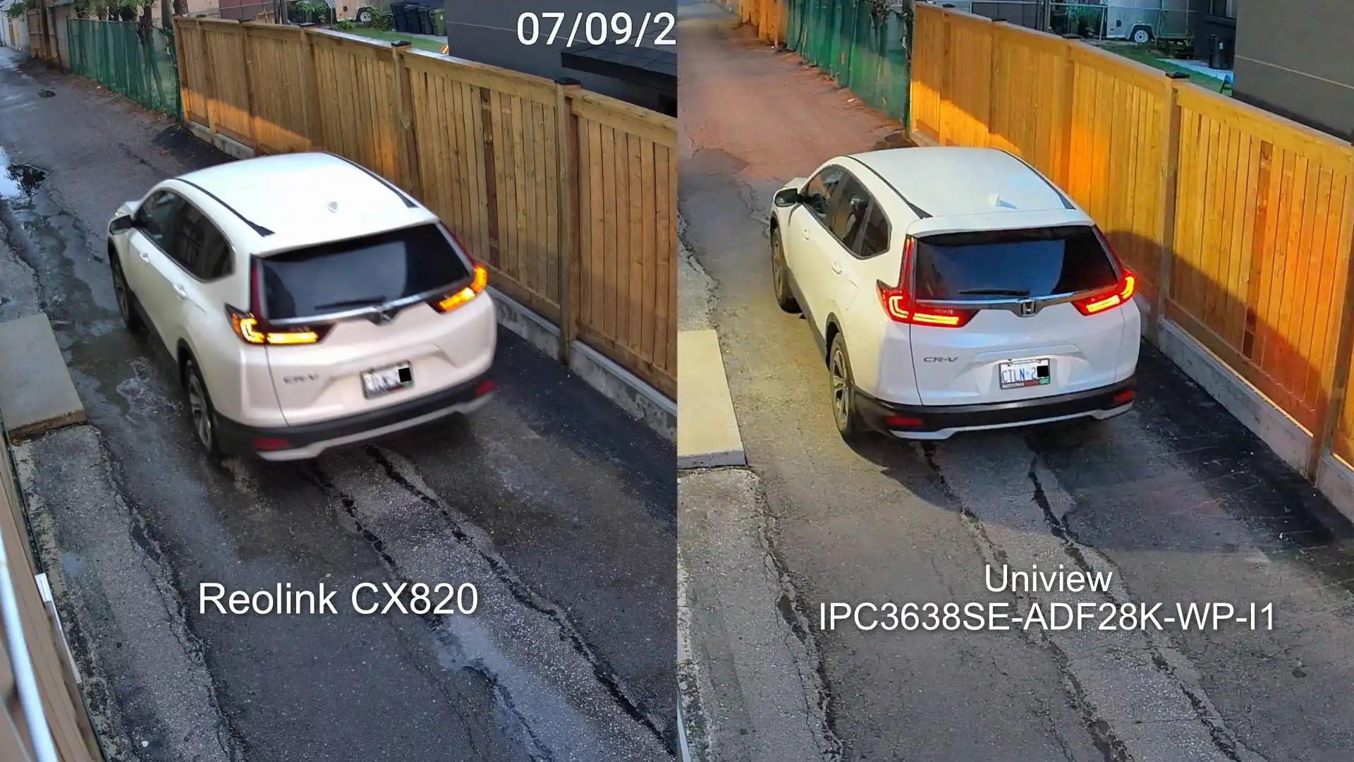 A snapshot from a Reolink security camera side-by-side with a snapshot from a Uniview camera, comparing the license plate capture during the evening.