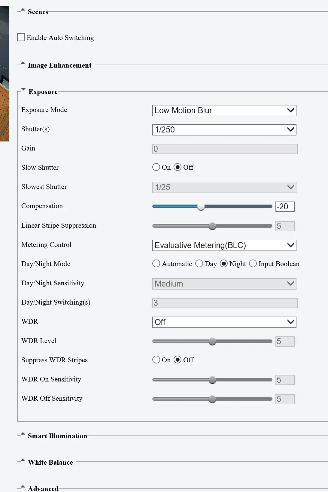 The image settings page from a Uniview 8MP OwlView Plus series camera, with options for adjusting the shutter speed and day/night mode.