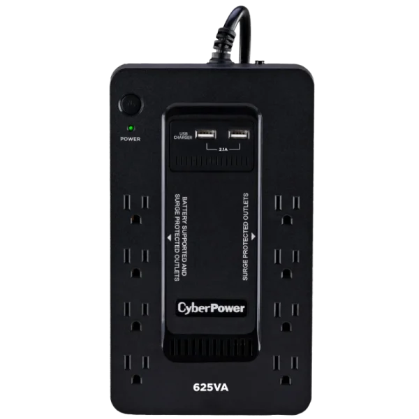 A UPS battery backup made by Cyberpower with eight power outlets, of which four provide battery backup to connected devices