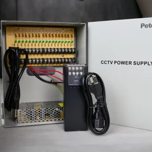 A power supply box that provides 12V DC power to security cameras, made by Petenet