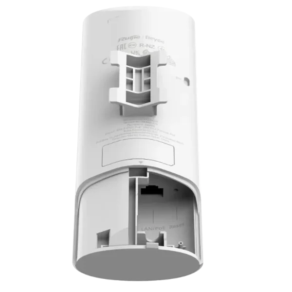 The underside of a Reyee outdoor Wi-Fi 6 access point, showing a LAN/PoE port and reset button