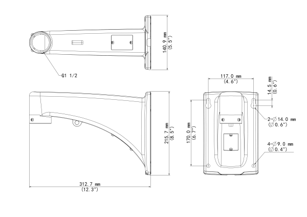 A diagram showing the measurements of Uniview's TR-WE45-A-IN PTZ wall bracket. It's 12.3-inches in length and 8.5-inches tall.