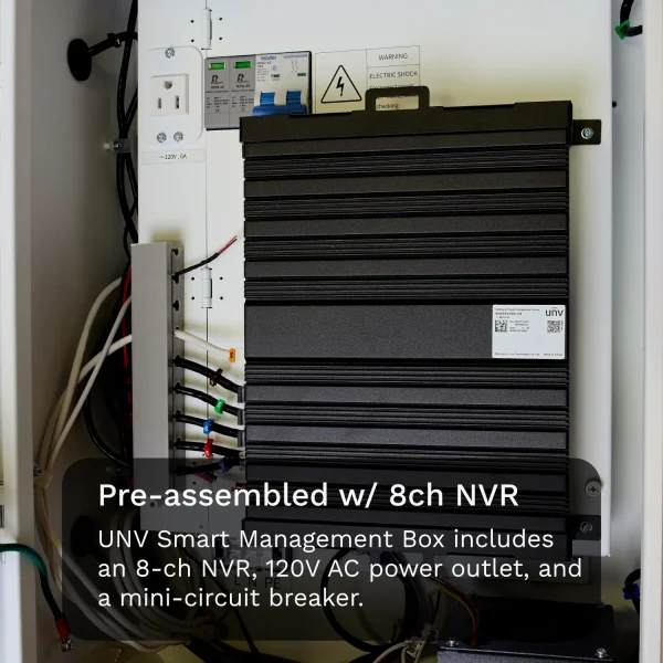 The inside of Uniview's SMBOX01-R-US showing neat cable management and an 8ch NVR