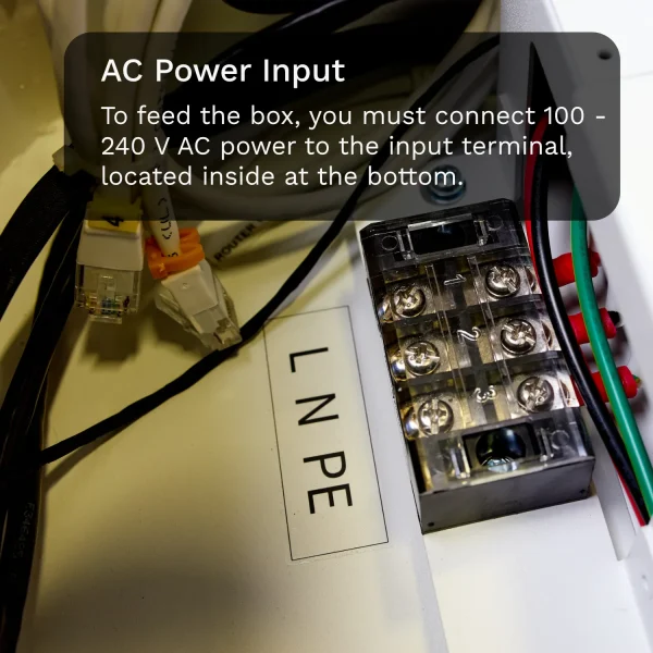 A metal screw terminal input located at the bottom of Uniview's smart management box with three inputs labeled L, N, and PE. It's meant for connecting to AC power.
