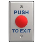 A push to exit switch with a large red button in the center, with the text Push to Exit written above and below the button