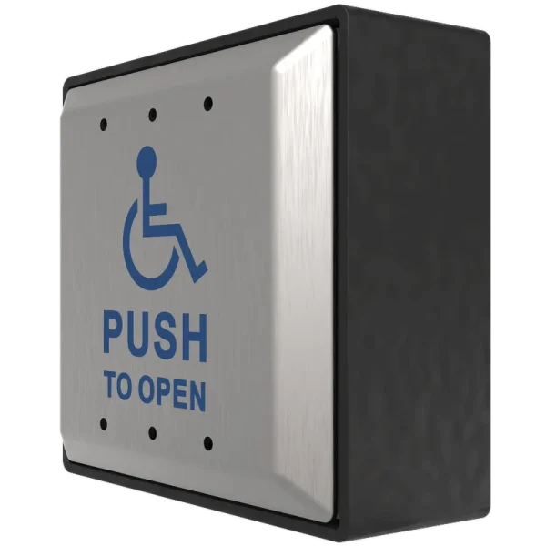 A side angle of a disability push to open metal button for wheelchair accessible doors.