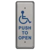 A metal push to open button with a blue handicap accessibility icon in the center, narrow version