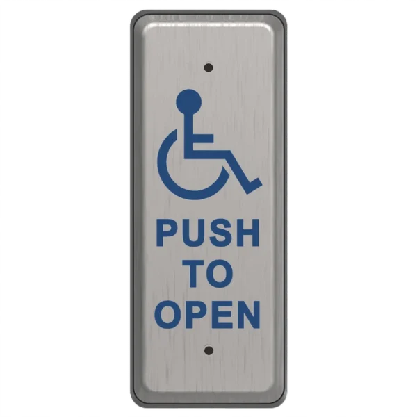 A metal push to open button with a blue handicap accessibility icon in the center, narrow version
