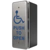 A push to open accessibility button as viewed from a side angle, showing the black junction box behind it. This is a narrow version, good for installing on thinner door frames