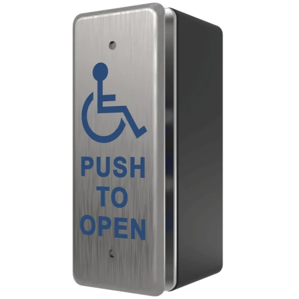 A push to open accessibility button as viewed from a side angle, showing the black junction box behind it. This is a narrow version, good for installing on thinner door frames