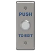 A narrow metal push to exit button with a circle in the middle that acts as a trigger for opening a door