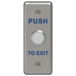 A narrow metal push to exit button with a circle in the middle that acts as a trigger for opening a door