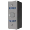 A side angle of the narrow push to exit button made by MZE Door Controls, with a stainless steel finish