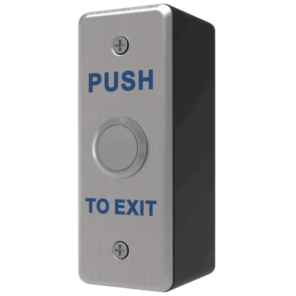 A side angle of the narrow push to exit button made by MZE Door Controls, with a stainless steel finish
