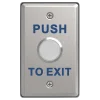 A stainless steel button with large blue text that says 'Push to Exit' across the top and bottom