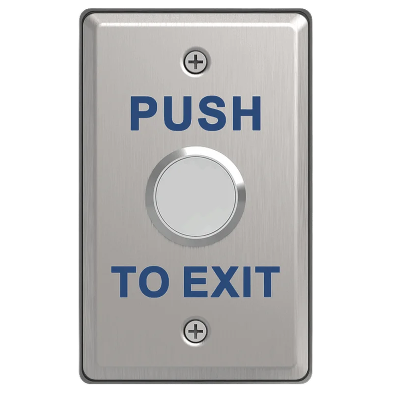 A stainless steel button with large blue text that says 'Push to Exit' across the top and bottom