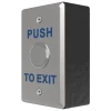 The side view of a metal push to exit button, with a slight black junction box protruding behind the switch