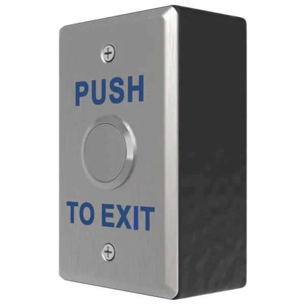 The side view of a metal push to exit button, with a slight black junction box protruding behind the switch