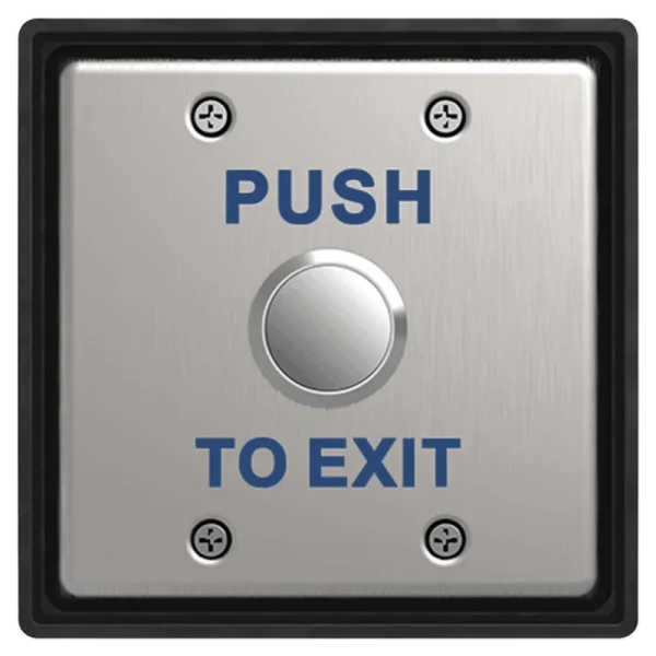 A metal button in the center with blue text that says Push to Exit along the top and button of the switch
