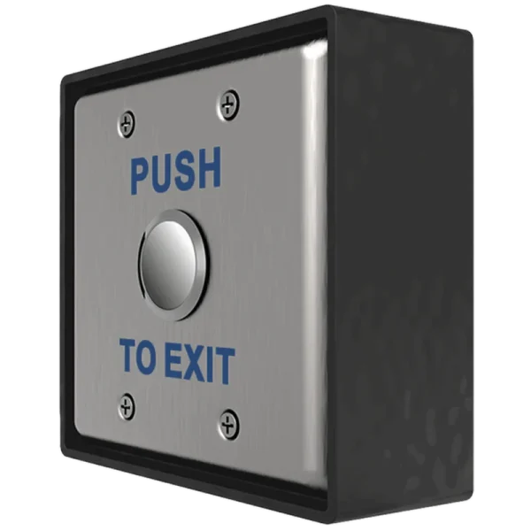 The side view of a metal push to exit switch, which is surrounded by a black junction box that's designed to be installed near an accessible door.