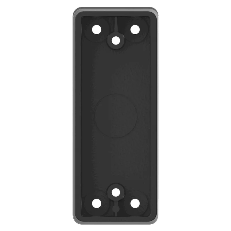 A black junction box for access control push buttons, made of a hardened ABS plastic polymer, narrow version