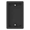 A black junction box for access control push buttons, made of a hardened ABS plastic polymer, fits on single gang junction boxes