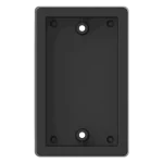 A black junction box for access control push buttons, made of a hardened ABS plastic polymer, fits on single gang junction boxes