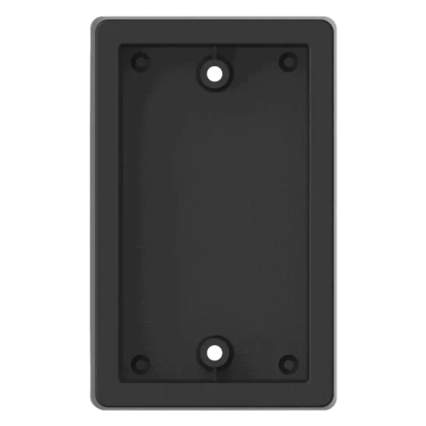 A black junction box for access control push buttons, made of a hardened ABS plastic polymer, fits on single gang junction boxes