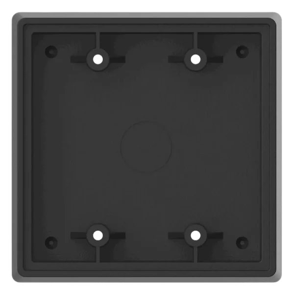 A black junction box for access control push buttons, made of a hardened ABS plastic polymer, wider version that fits on double gang junction boxes