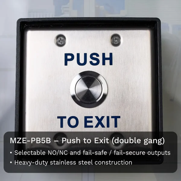 A stainless steel push to exit switch held onto the junction box with four Phillips screws