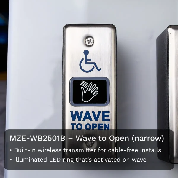 A wave to open switch installed on an acrylic demo board, with text underneath describing the functions such as a wireless transmitter and an illuminated LED ring