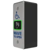 A side view of a wireless wave to open button with a blue wheelchair icon above, and text below that says Wave to Open