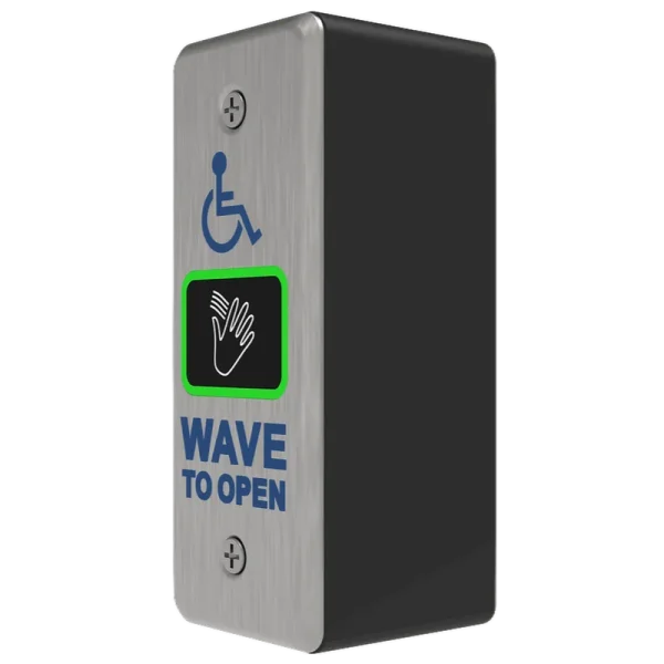 A side view of a wireless wave to open button with a blue wheelchair icon above, and text below that says Wave to Open