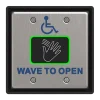 A wireless wave to open switch with an icon in the center that shows a hand waving. Underneath, the text Wave to Open is engraved in blue.