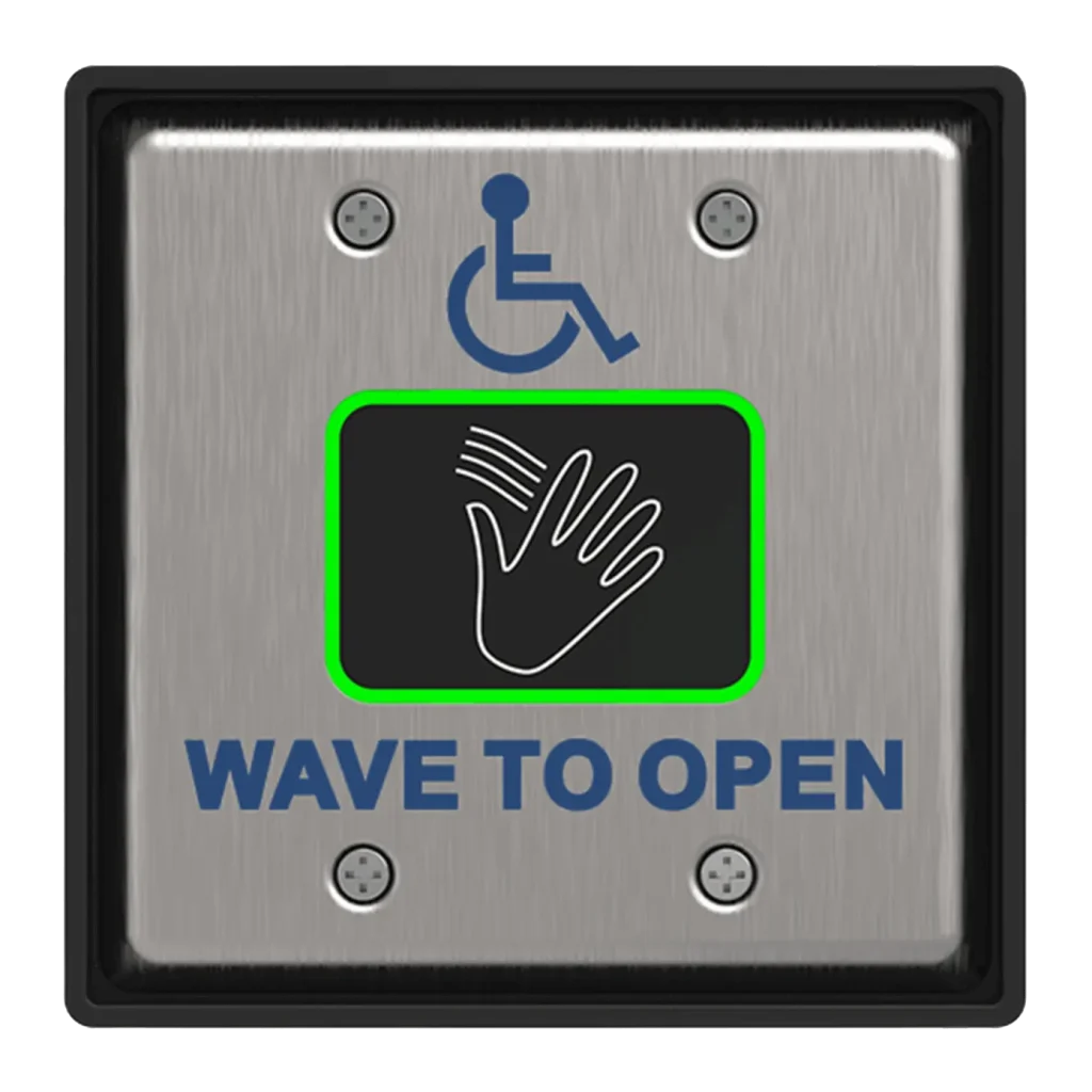 A wireless wave to open switch with an icon in the center that shows a hand waving. Underneath, the text Wave to Open is engraved in blue.