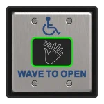 A wireless wave to open switch with an icon in the center that shows a hand waving. Underneath, the text Wave to Open is engraved in blue.