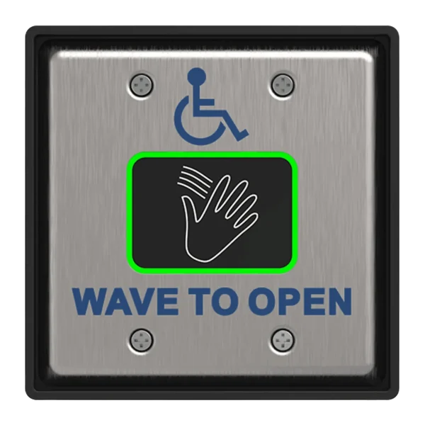 A wireless wave to open switch with an icon in the center that shows a hand waving. Underneath, the text Wave to Open is engraved in blue.