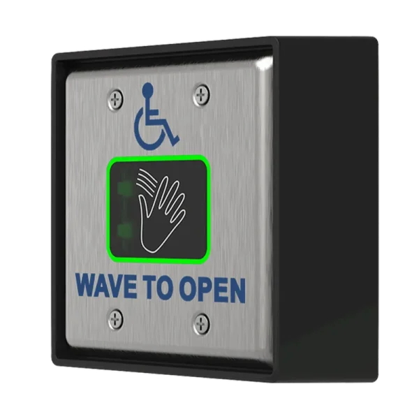 A side view of a wave to open accessibility button, designed for operating doors without needing to physically push a switch.
