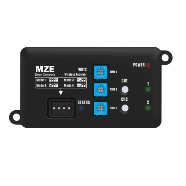 A wireless receiver for sending the signal of a door push button, featuring two relays and three switches for adjusting relay timings