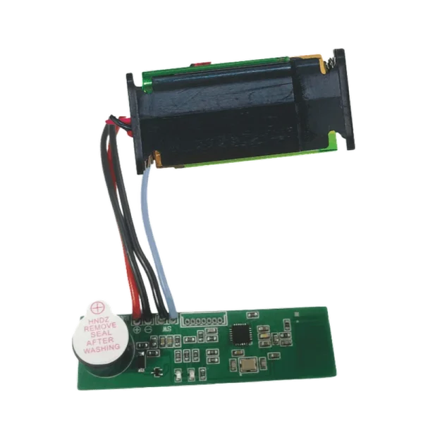A small wireless transmitter circuit board for sending the signal of a push button to the receiver, runs on two AAA batteries