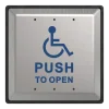A square metal push to open button with a blue handicap wheelchair icon in the center
