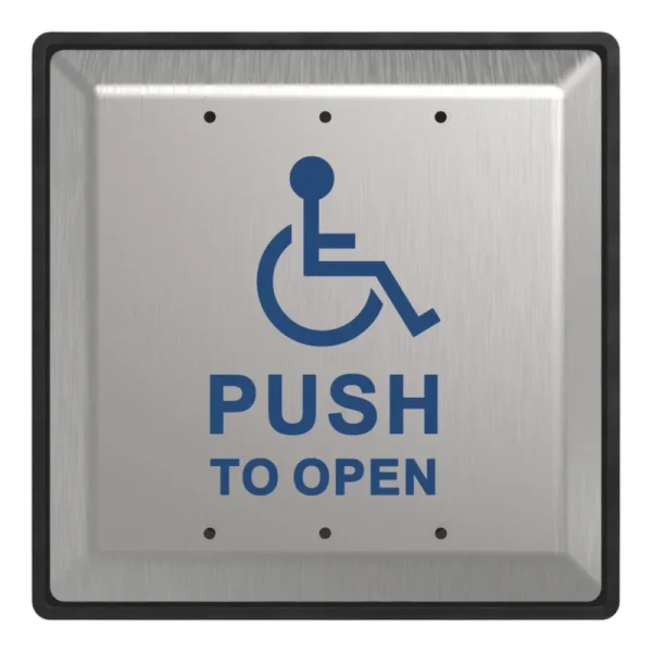 A square metal push to open button with a blue handicap wheelchair icon in the center