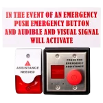 An emergency washroom kit that features a siren and a red emergency push button with signage.