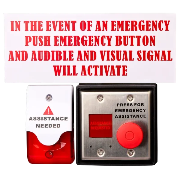 An emergency washroom kit that features a siren and a red emergency push button with signage.